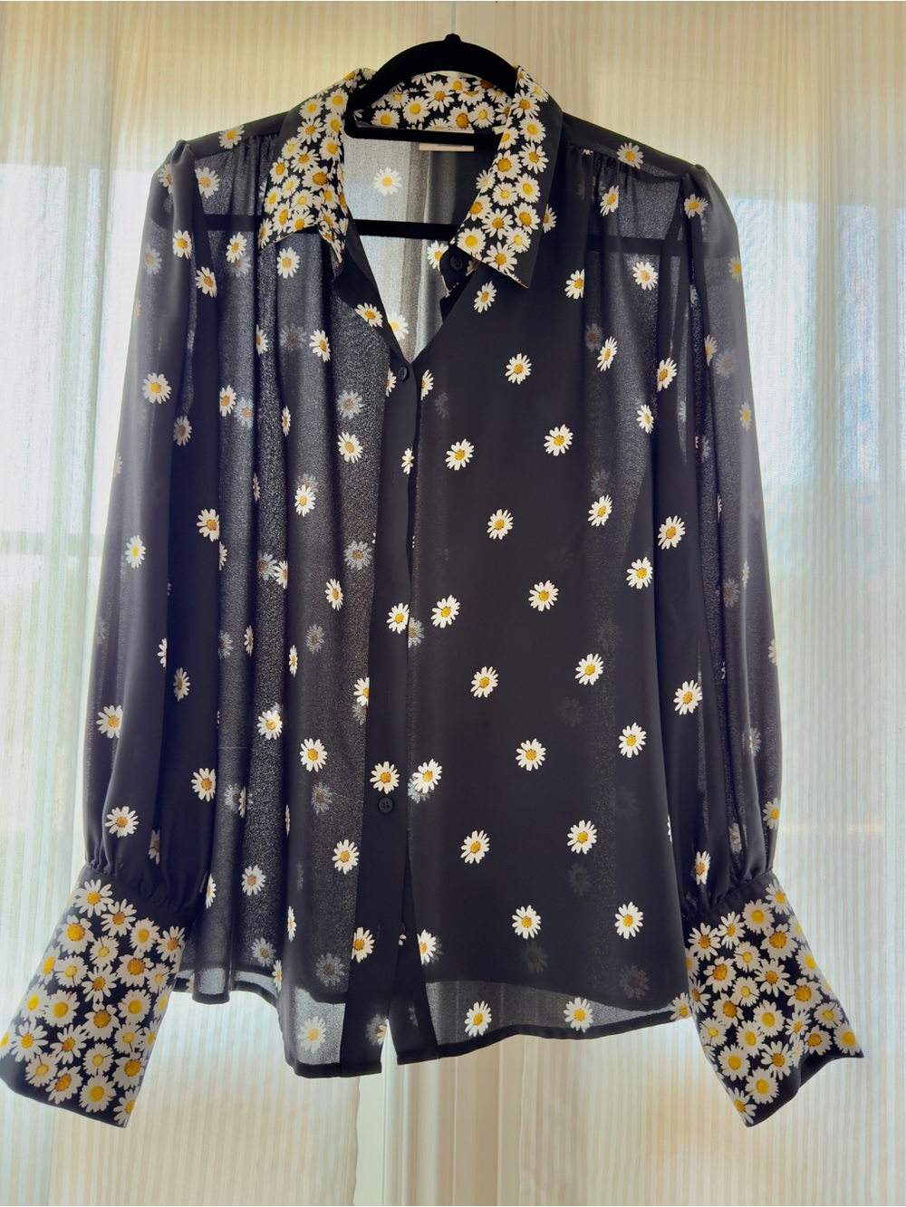 Eva Mendes Sheer Black Daisy Print Button-Up Blouse